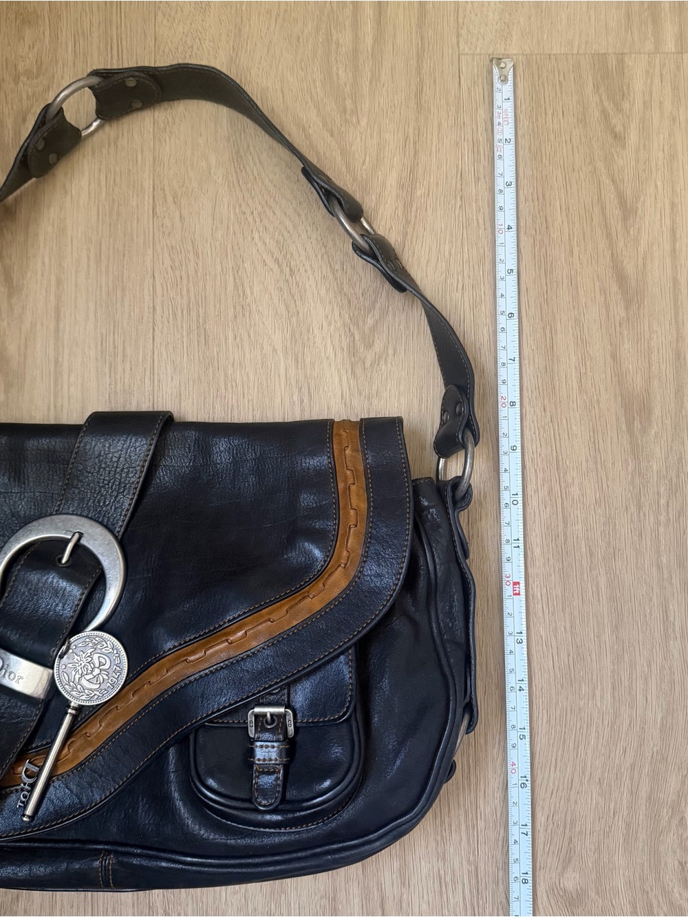 Vintage Christian Dior Black Gaucho Double Saddle Bag wi/ Silver Buckles + Coin - Picture 2 of 16
